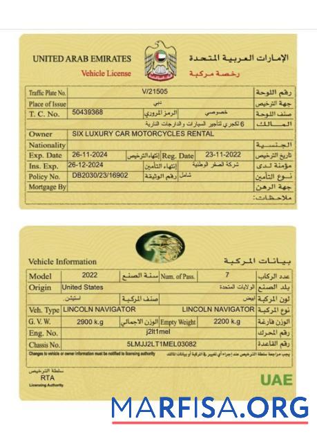 Downloadable UAE vehicle registration card real example